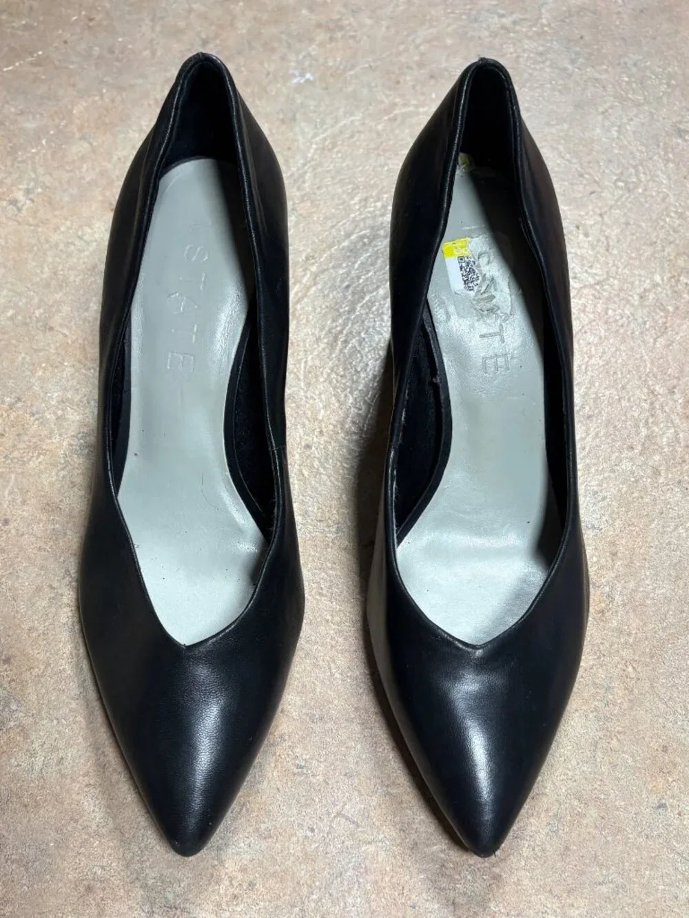 1.STATE Black Leather Pointed Toe Block Heel Pumps Saffire 7M Sweetheart Vamp